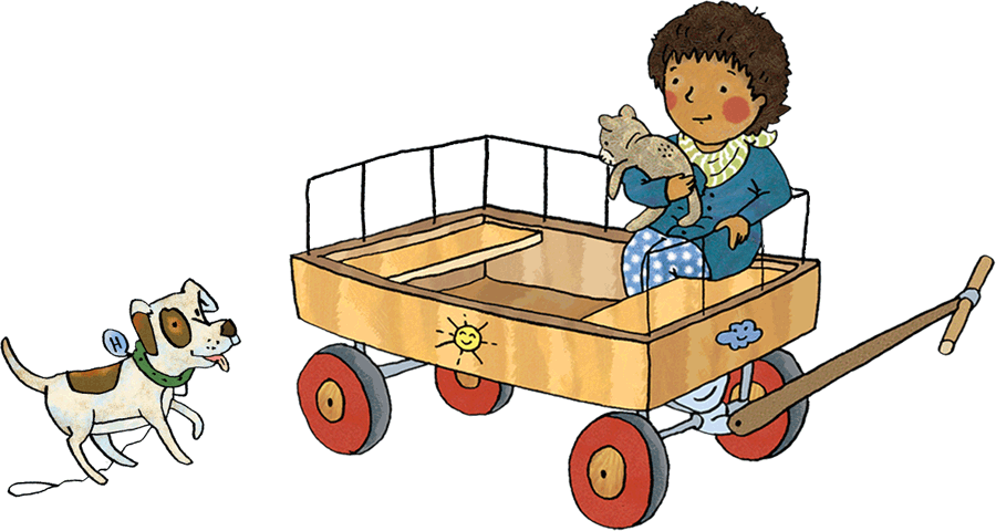 Illustration, Kind im Bollerwagen mit Hund, Maja Wagner